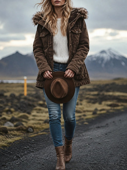 Women's Vintage Fur Hooded Work Windbreaker Jacket