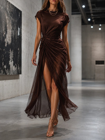 Vintage Coffee Satin And Tencel Layered Ruched Wrap Split Midi Dress