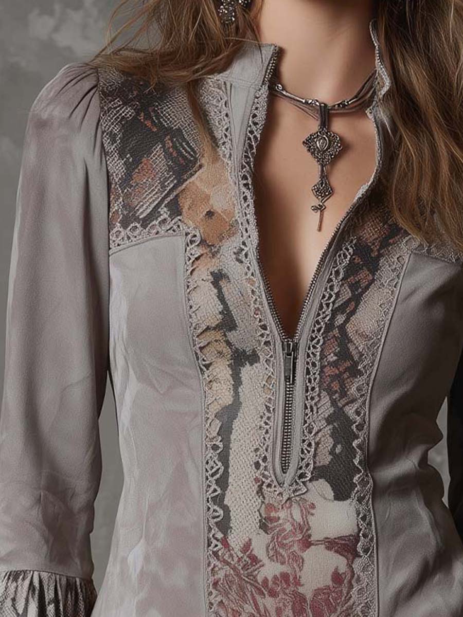 Vintage Patchwork Eco-Suede Blouse With Lace And Floral Prints