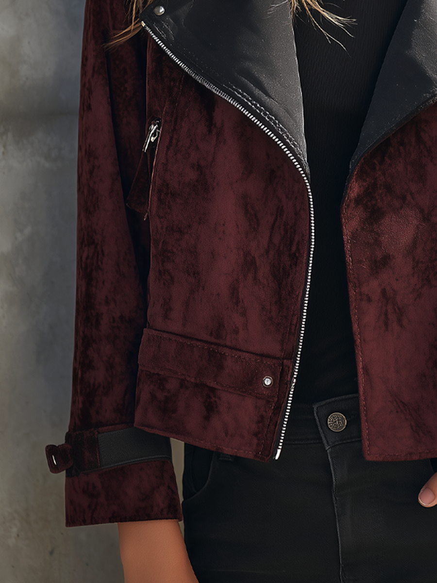 Retro Contrasting Eco-Leather And Velvet Moto Jacket