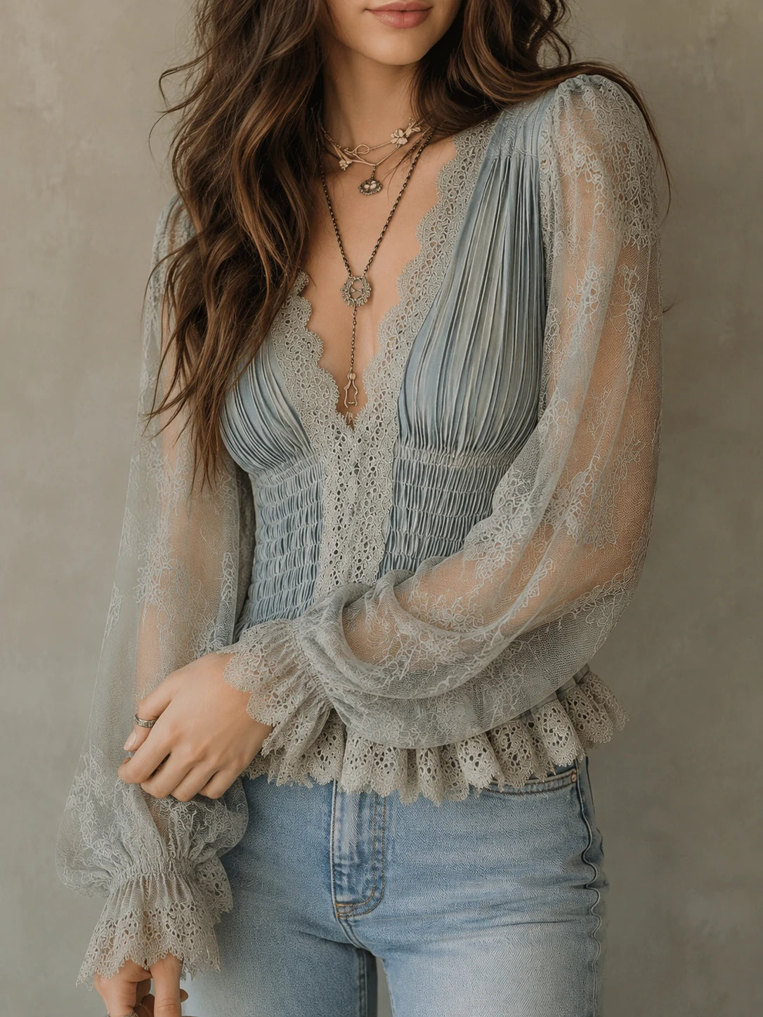 Vintage Bohemian Dusty Blue Lace Peplum Blouse