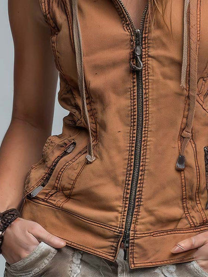 Vintage Washed Utility Style Hoodie Vest