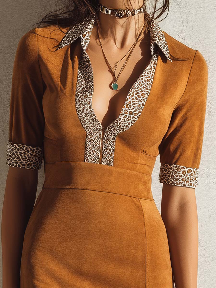 Caramel Brown Leopard Microsuede Midi Dress