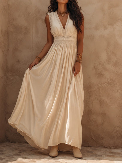 Boho Sandstone Ivory Lace-Trim Maxi Dress