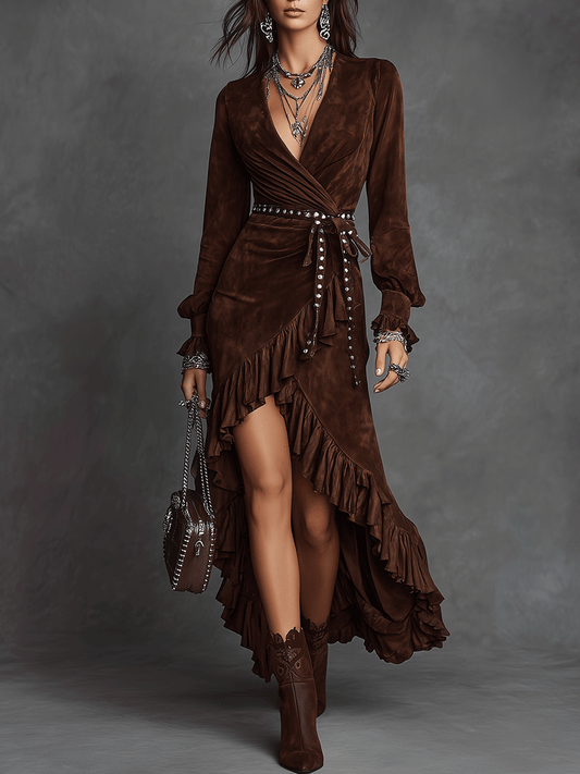 Vintage Brown Suede Ruffled Wrap Maxi Dress