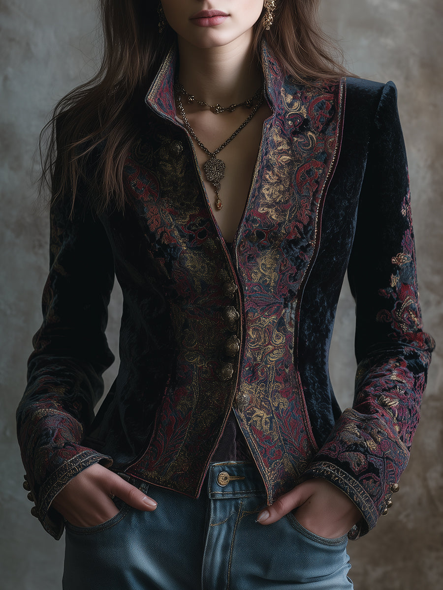 Quiet Luxury Velvet Stand Collar Retro Pattern Jacket