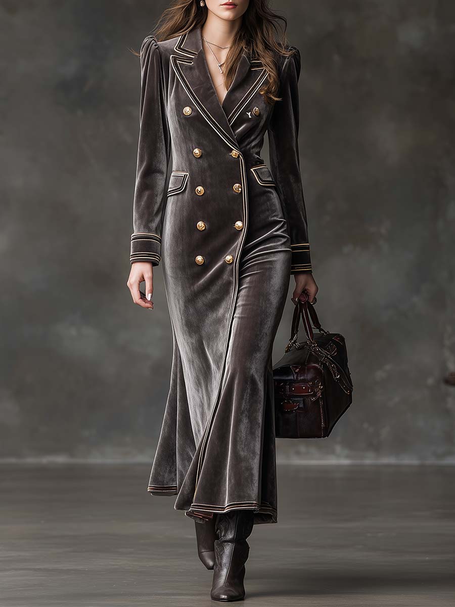 Velvet Double-Breasted Maxi Dress With Gold Trim