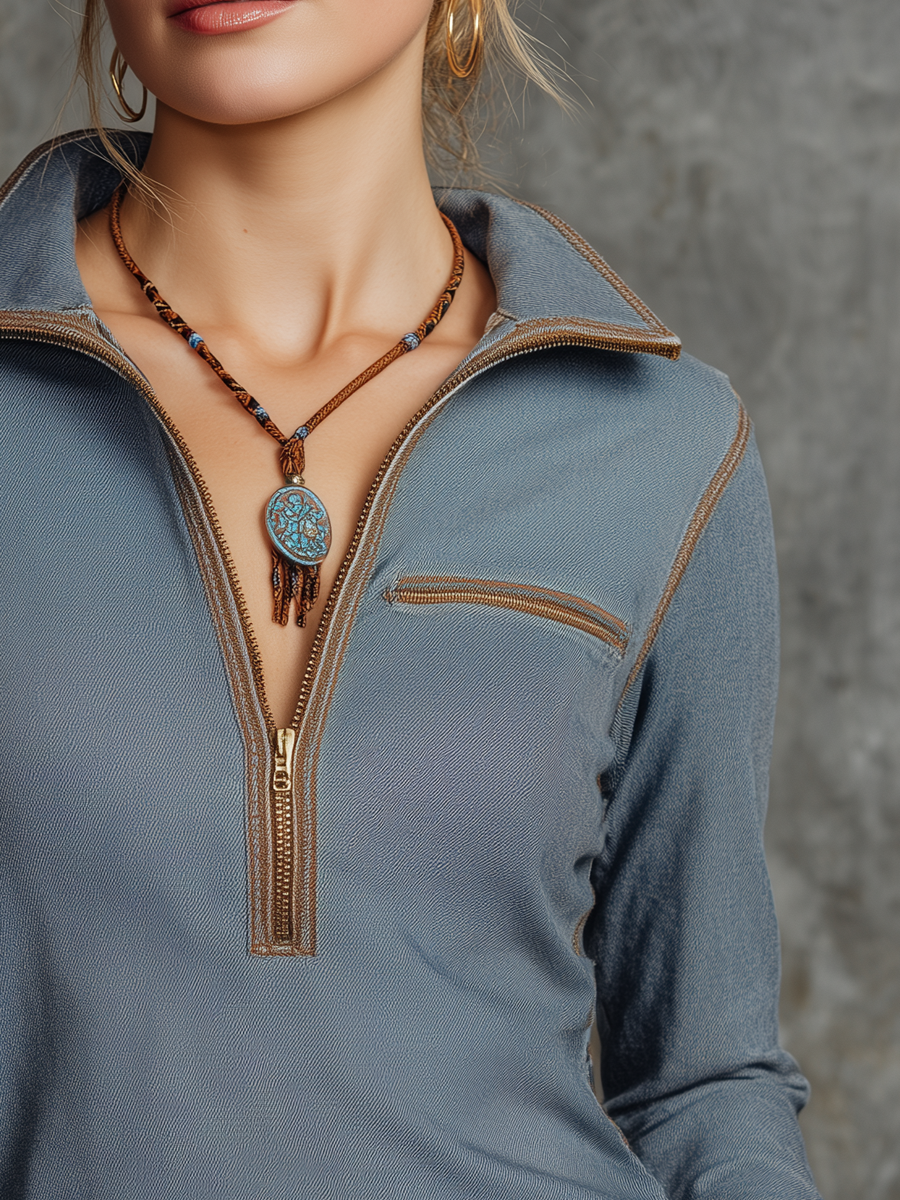 Retro Half Zip Collar Contrast Stitching Pocket Blouse