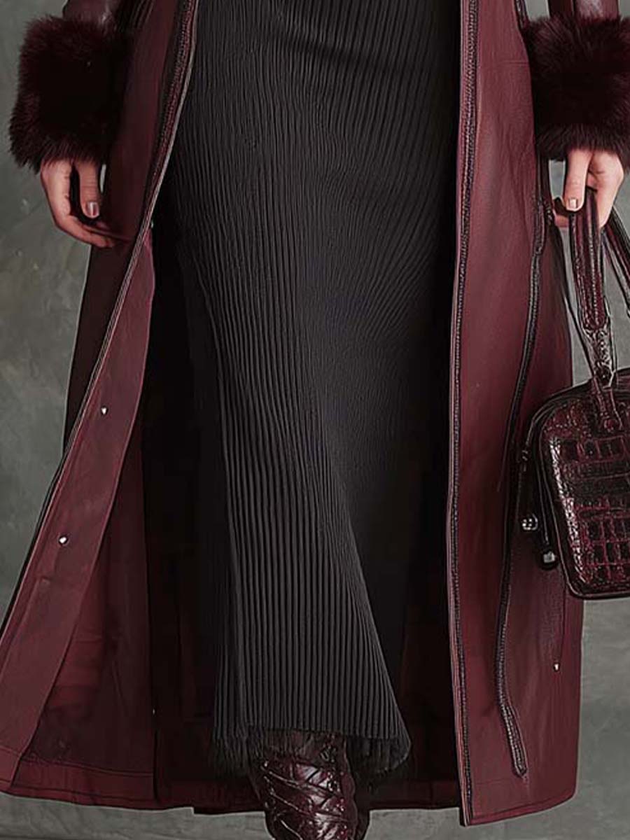 Wine Red Eco-Leather Long Coat With Faux Fur Collar & Cuffs