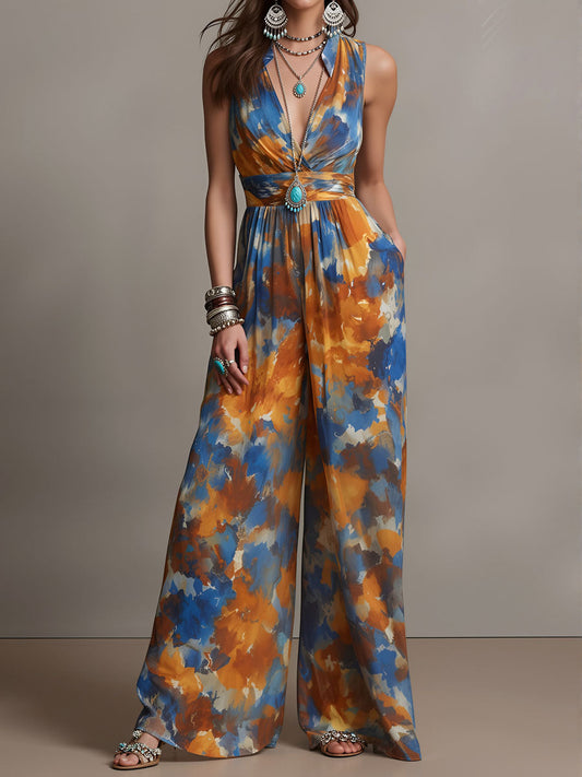 Boho Abstract Watercolor Print Wide-Leg Jumpsuit