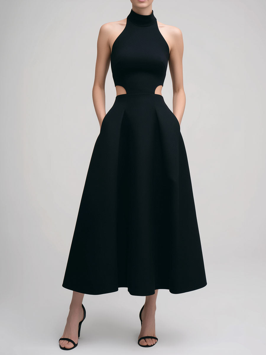 Elegant High-Neck Black Cutout Halter Evening Midi Dress