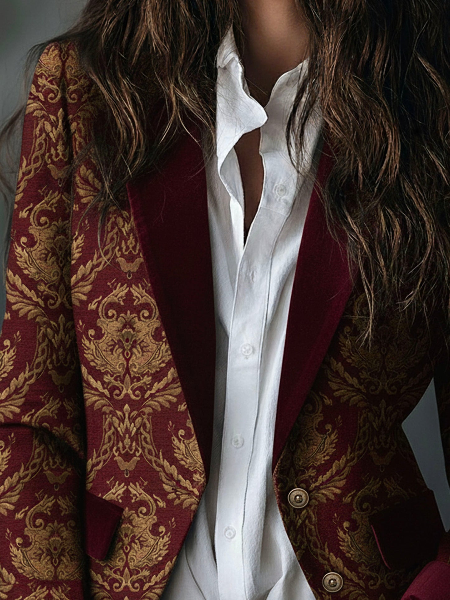 Vintage Burgundy Baroque Jacquard Tailored Blazer With Shawl Lapel