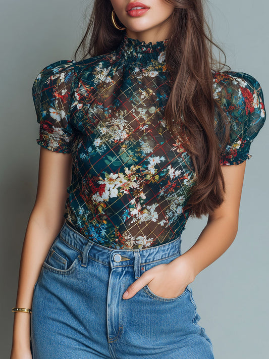 Vintage High Neck Puff Sleeve Sheer Floral Mesh Blouse