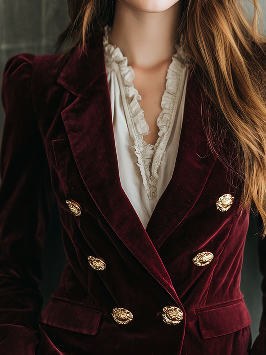 Retro Burgundy Velvet Double-Breasted Blazer With Gold Buttons