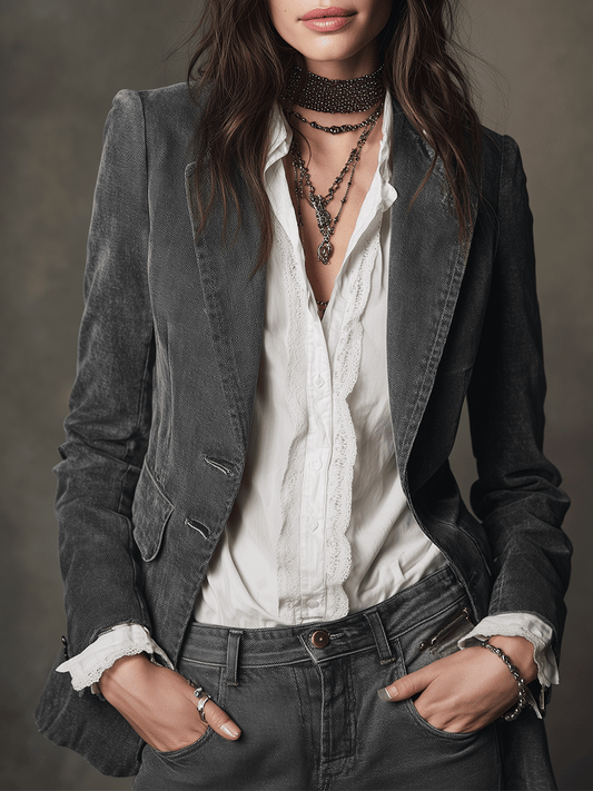 Charcoal Gray Denim Slim-Fit Vintage-Style Blazer