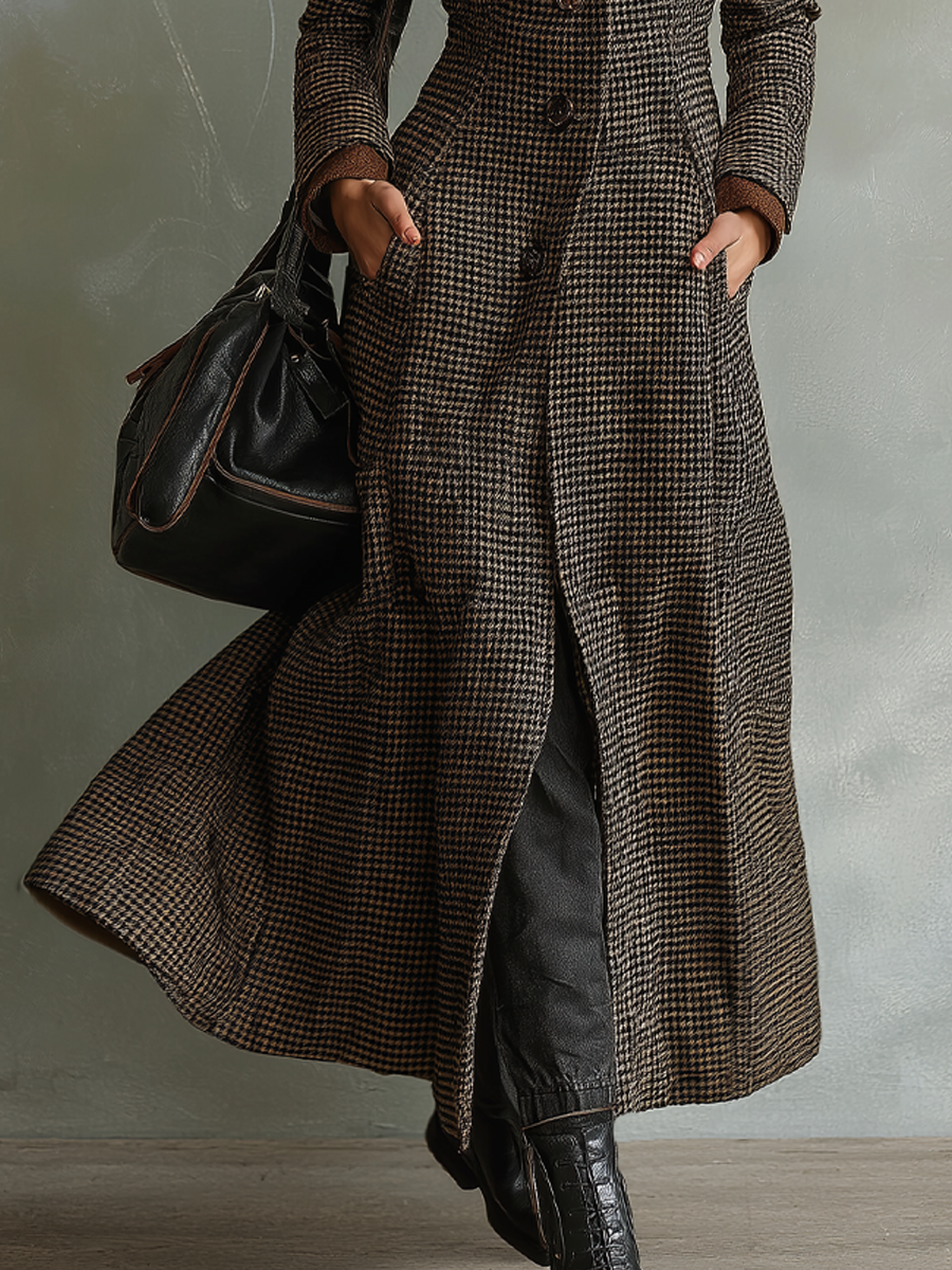 Retro Houndstooth Tweed Midi Dress