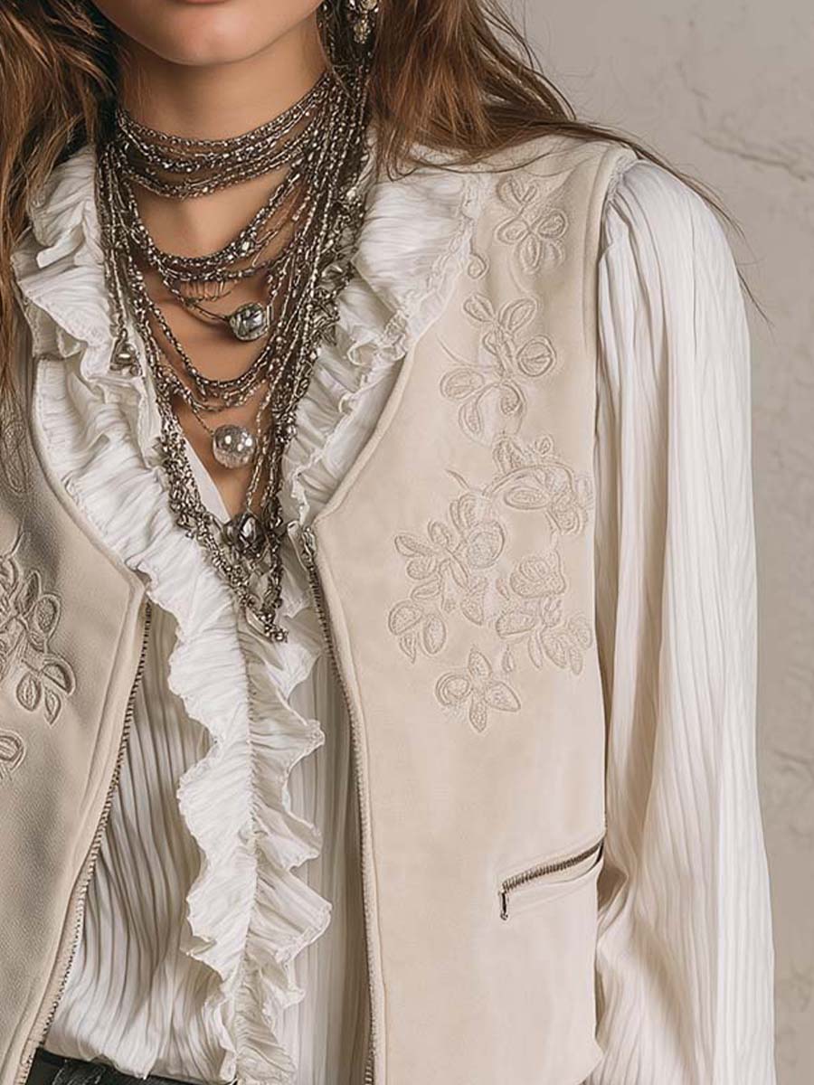 Ivory Quiet Luxury Bohemian Style Embroidered Suede Vest