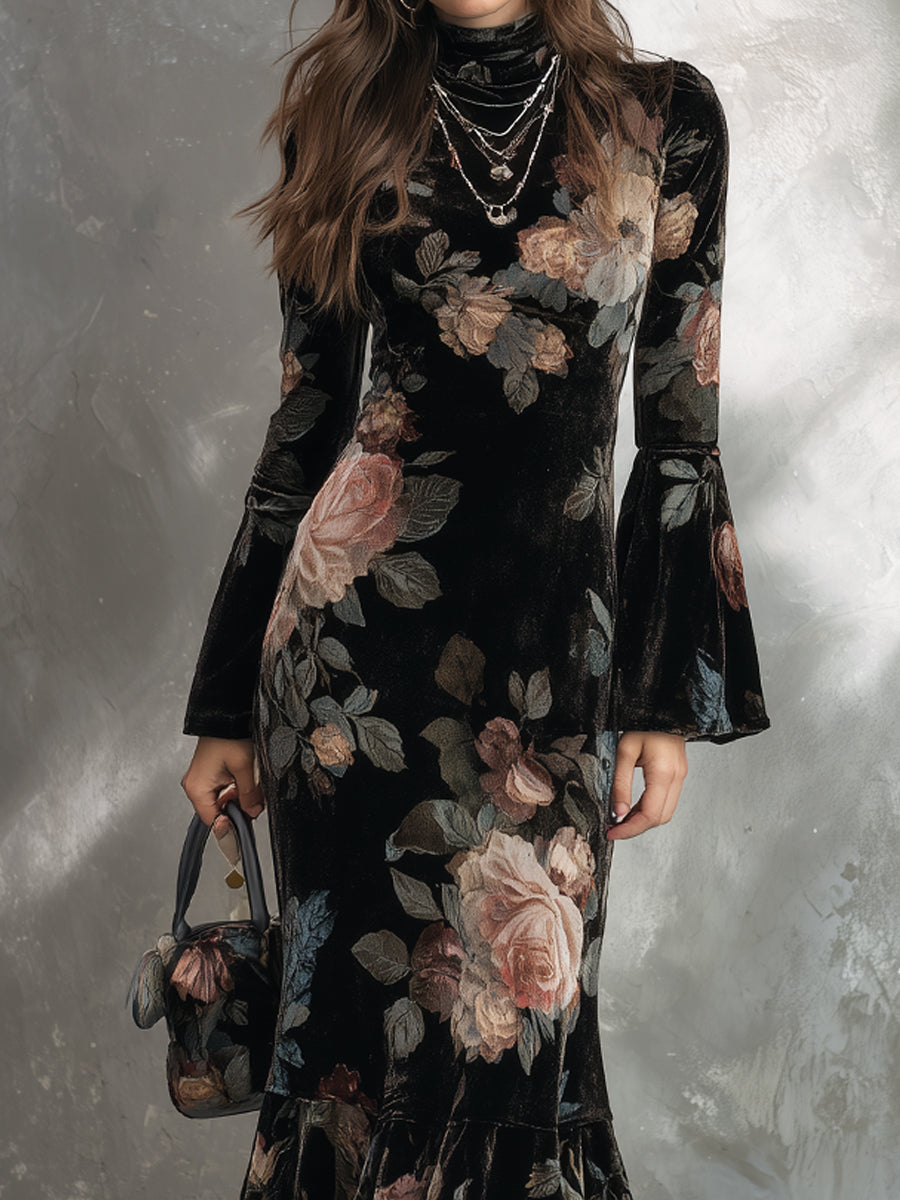 Elegant Rose Print Velvet Fishtail Midi Dress