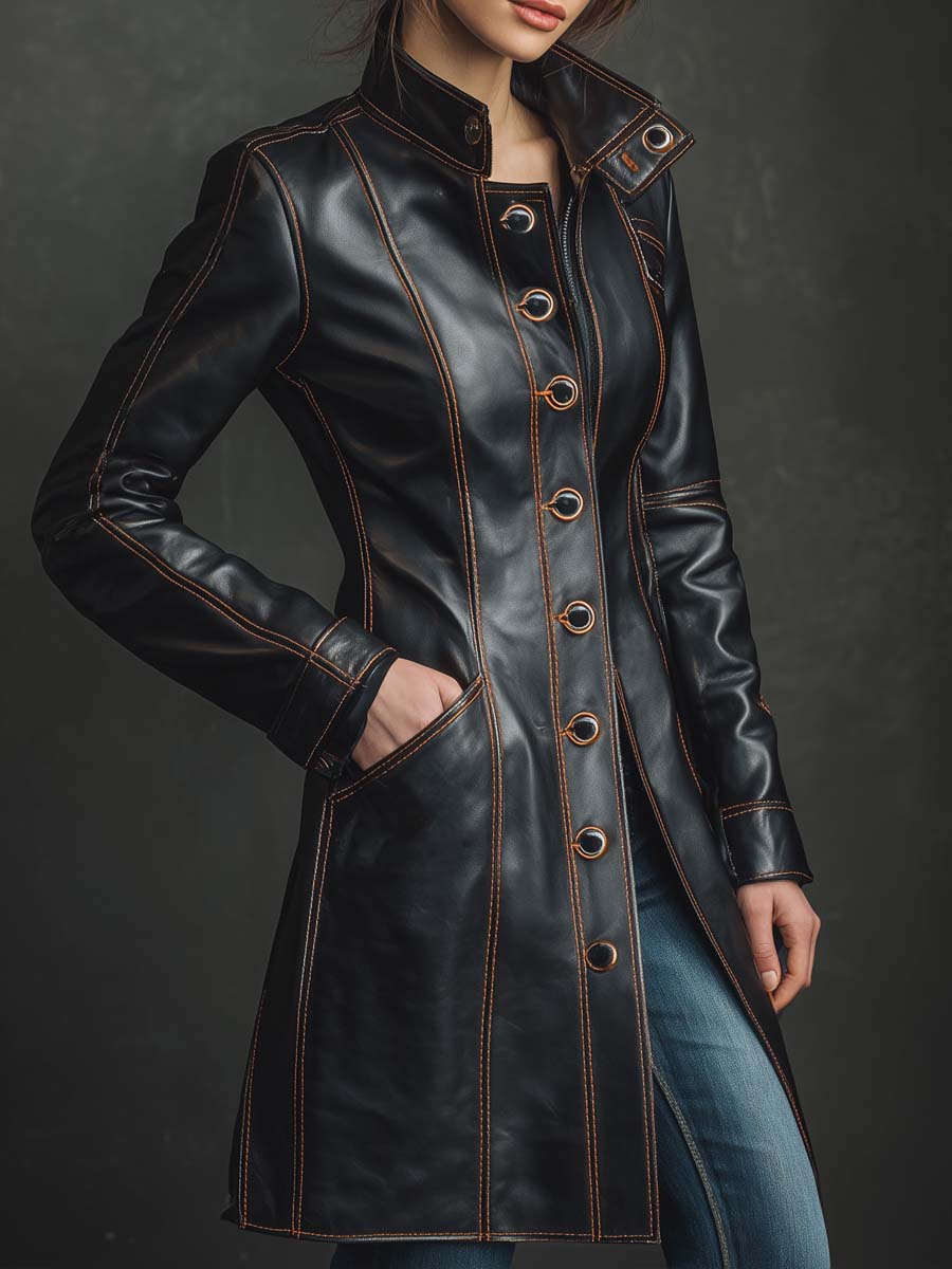 Vintage Contrasting Stitching Faux Leather Long Jacket