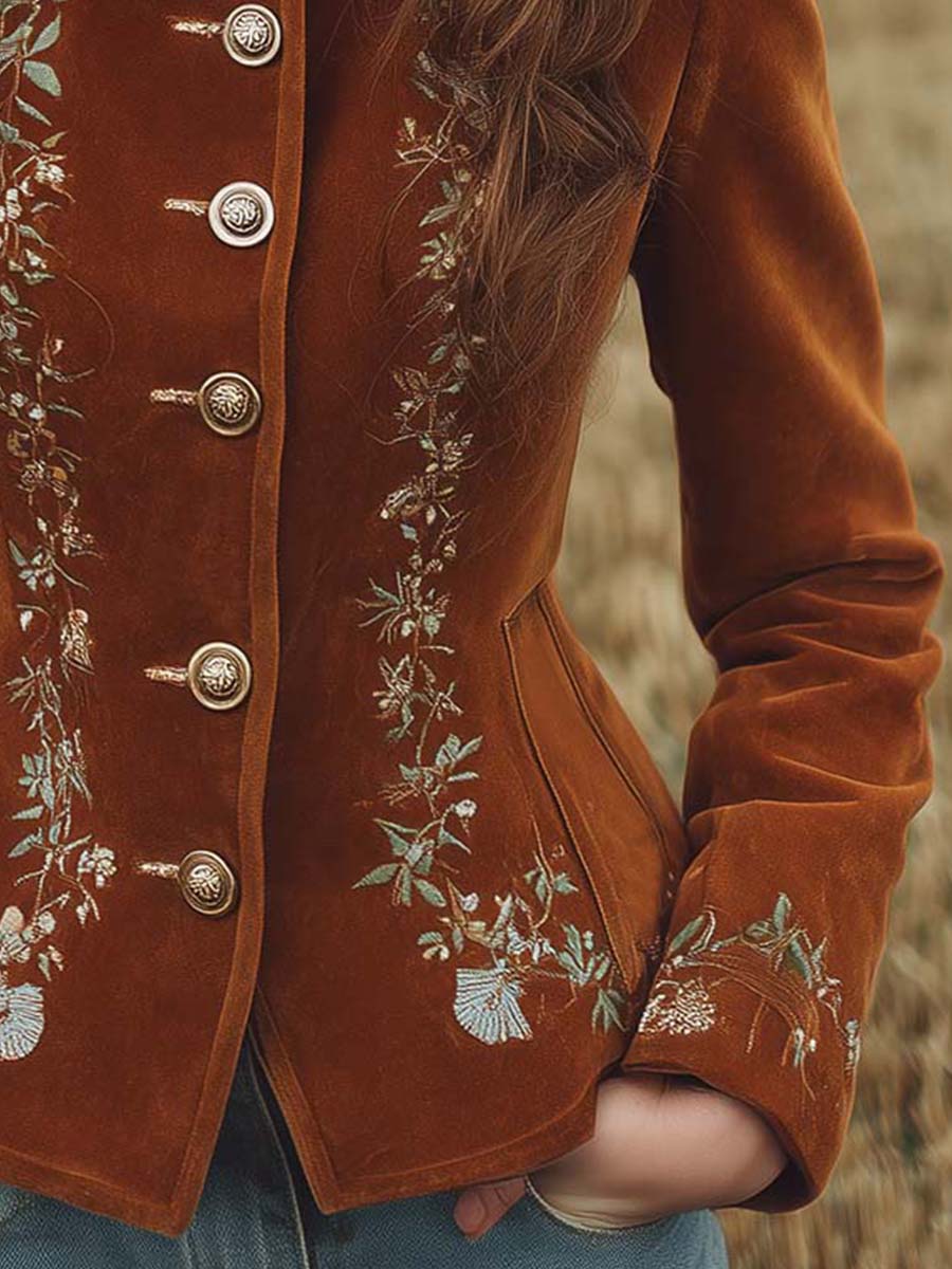 Vintage Microsuede Floral Embroidery Distressed Button Slim-Fit Jacket