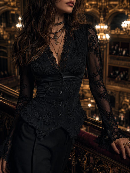 Elegant Black Lace Victorian Corset Blouse