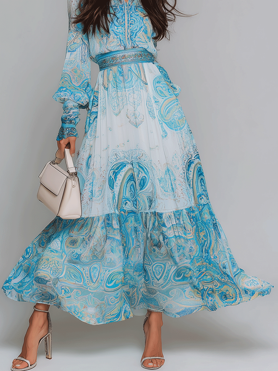 Bohemian Aqua Paisley Lightweight Flowy Maxi Dress