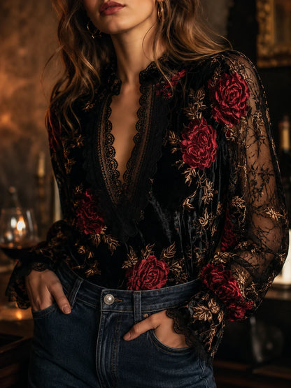 Retro Lace Stitching Velvet Rose Print Lantern Sleeves Blouse