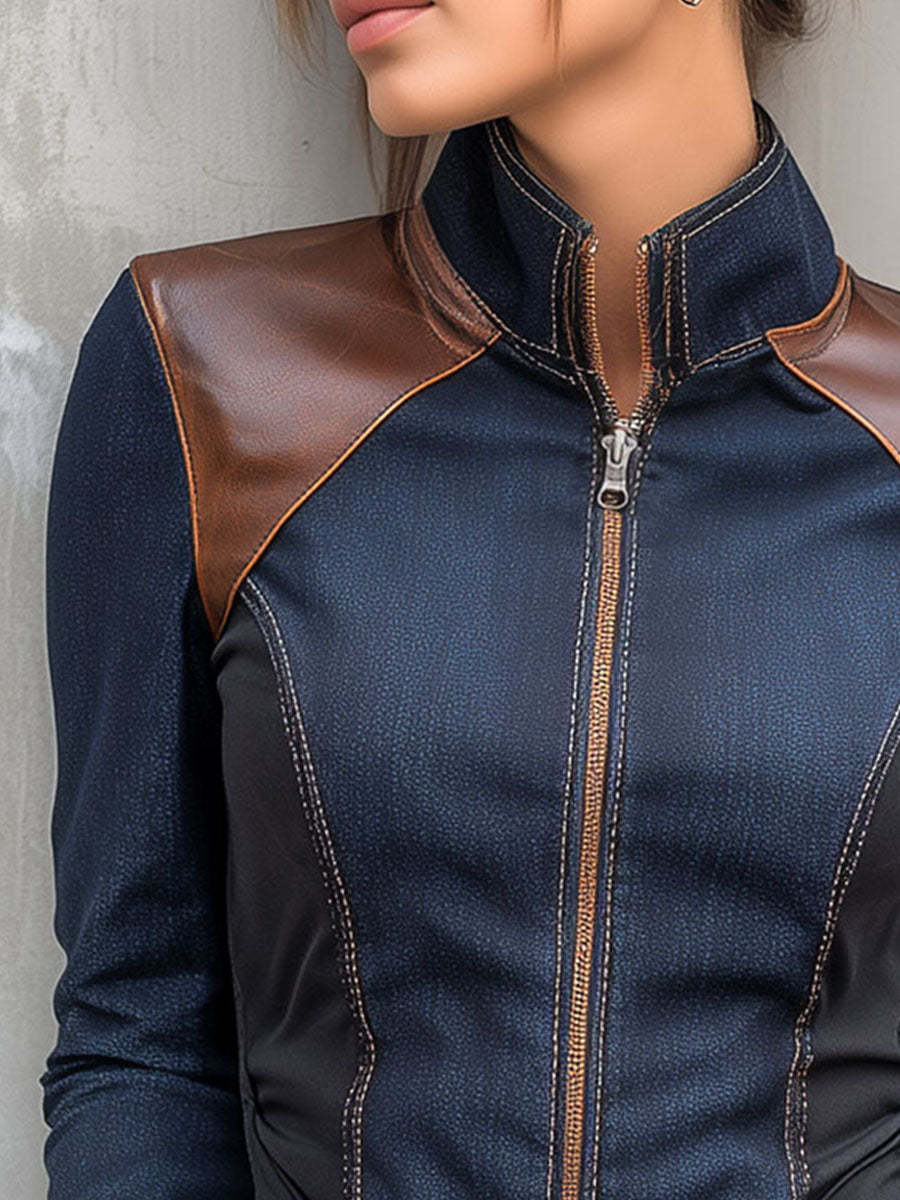 Dark Indigo Fitted Denim Moto Jacket With Brown Leather Patchwork