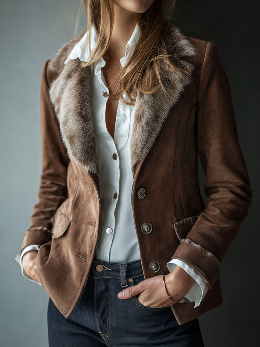 Vintage Brown Microsuede Eco Fur Collar Blazer