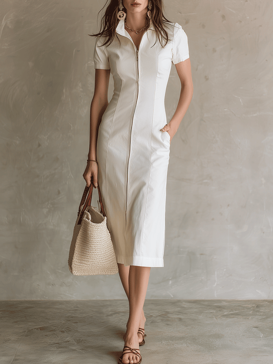 Minimal Fitted White Zip-Front Midi Dress