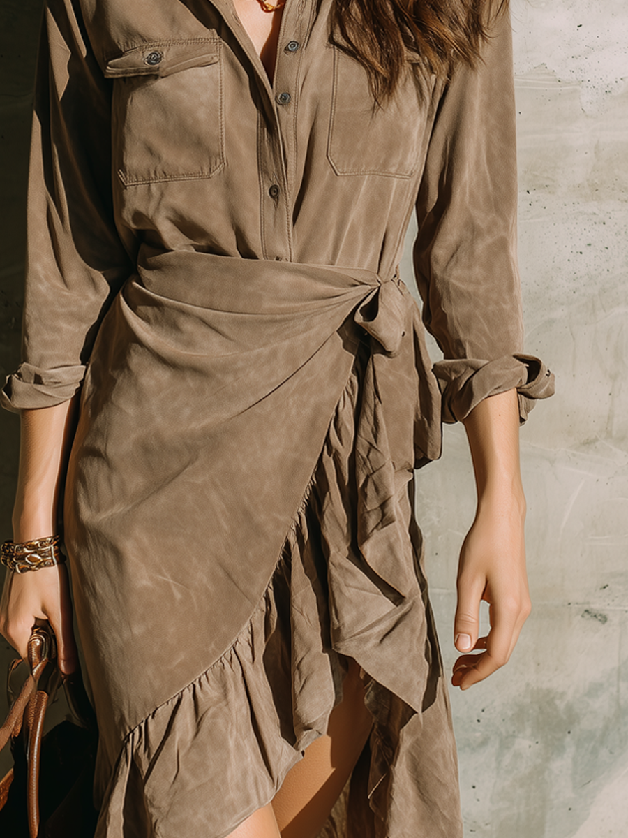 Vintage Ruffled Hem Polyester Suede Mini Dress