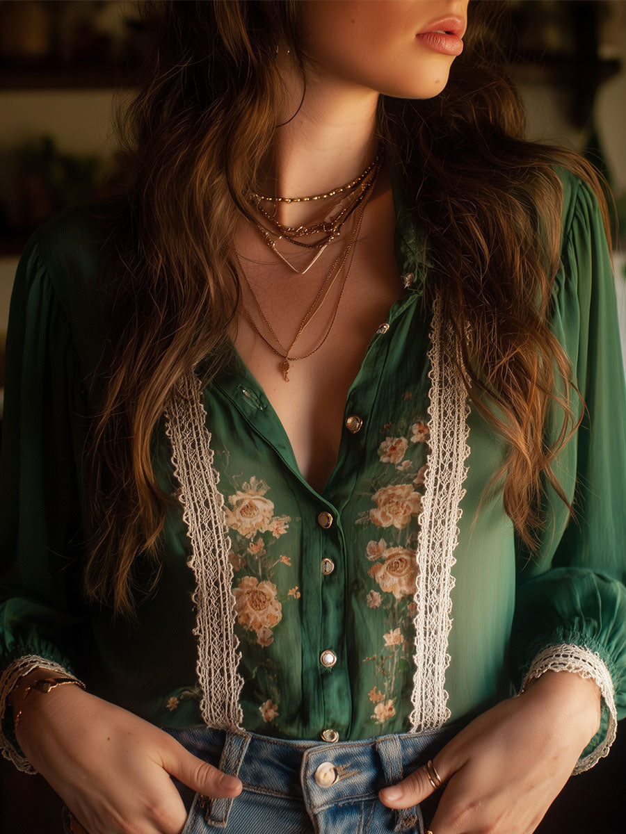 Vintage Chiffon Print Lace Panel Blouse