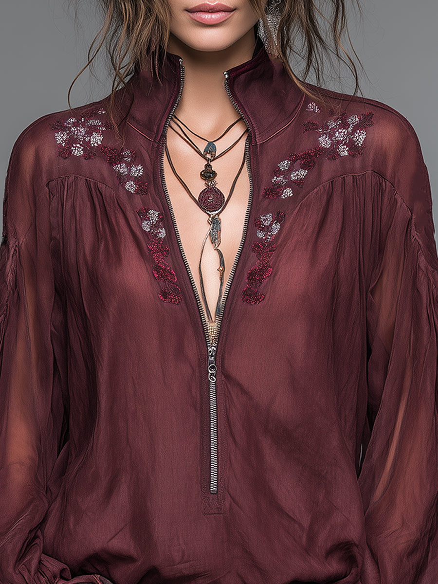 Bohemian Style Blouse With Front Zipper And Embroidery