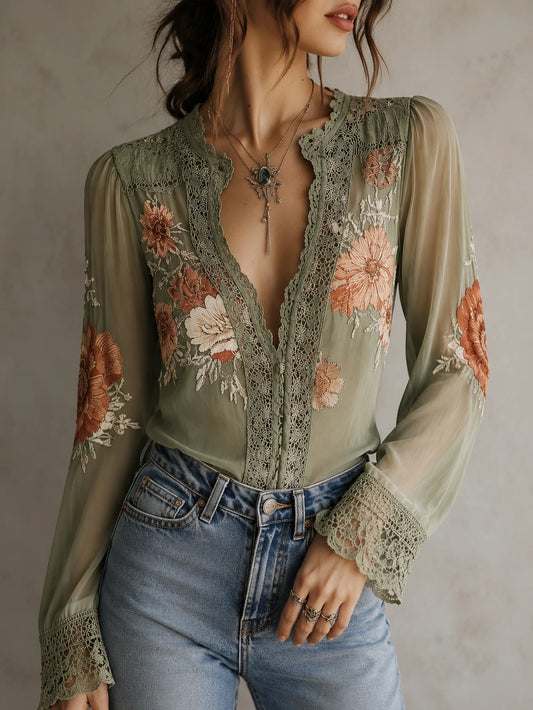 Bohemian Floral Printed Lace Blouse