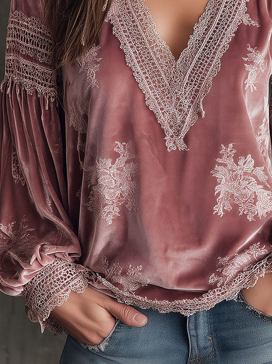 Romantic V-Neck Rose Velvet Blouse With Lace Trim