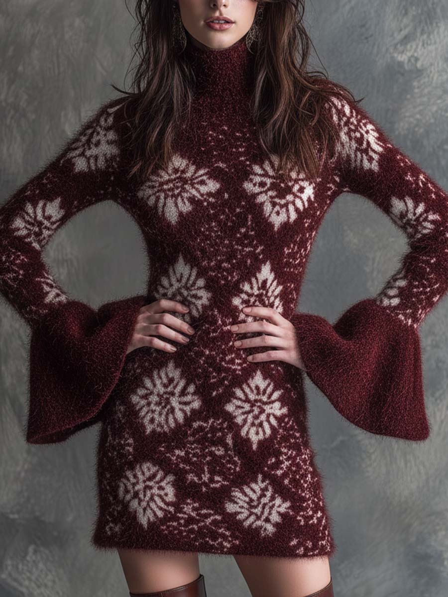 Burgundy Floral-Patterned Fuzzy Knit Sweater Dress