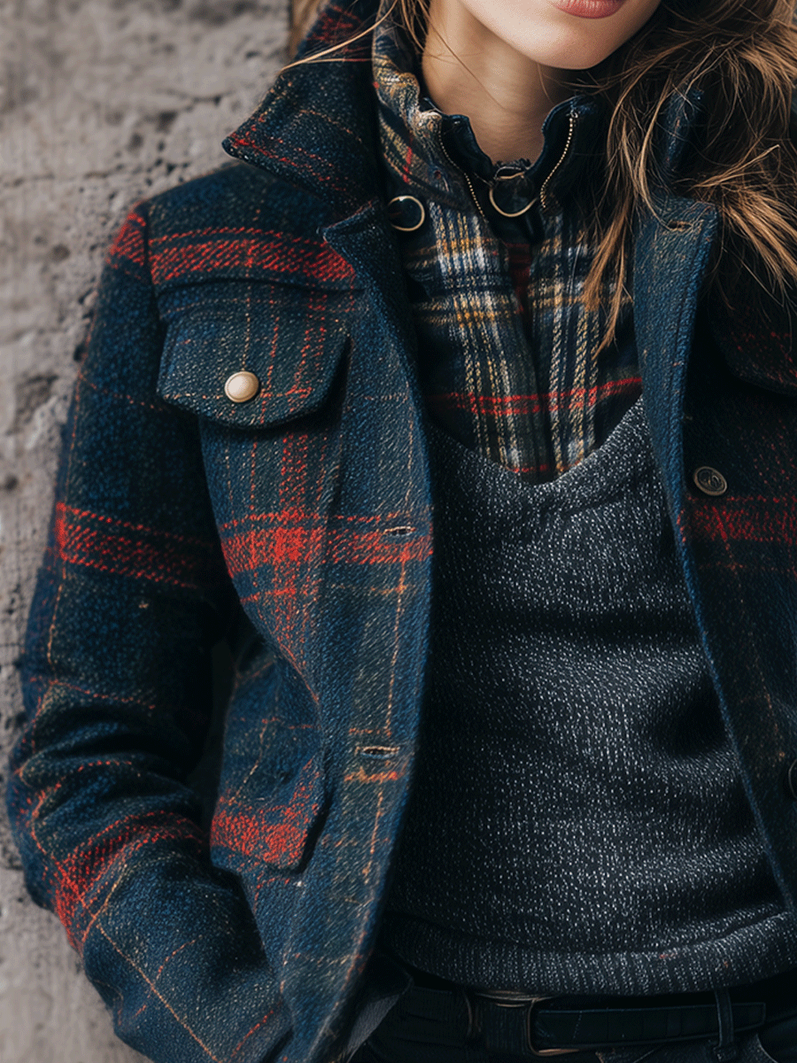 Navy Patterned Wool Stylish Navy Plaid Wool Jacket – BCSHARED