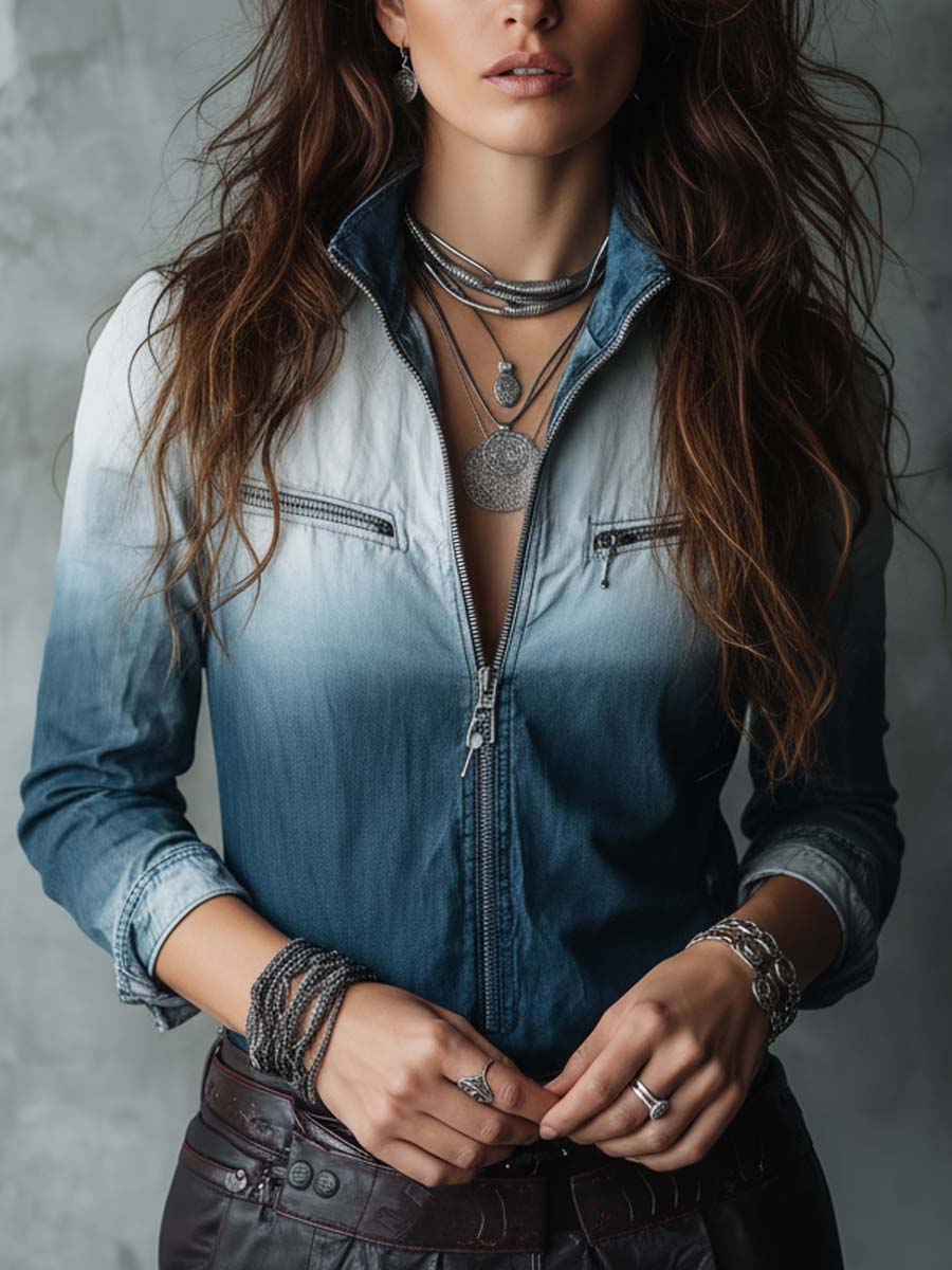 Gradient Washed Blue Denim Zip-Up Shirt