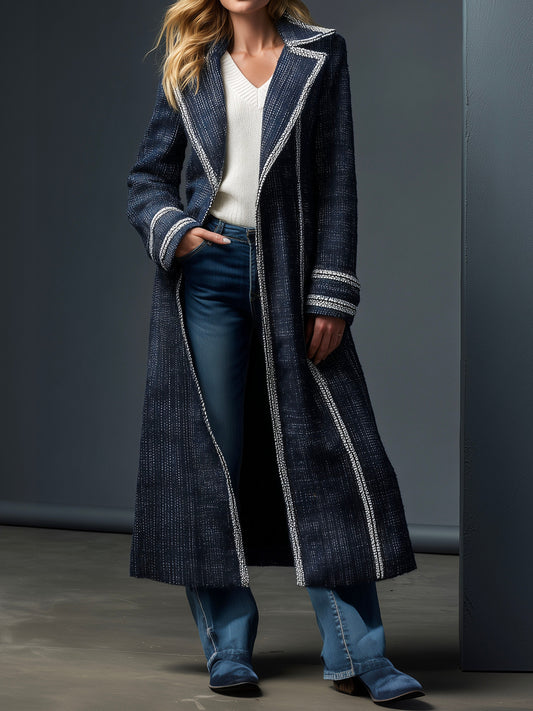 Vintage Navy Double-Braided Trim Long Tweed Jacket
