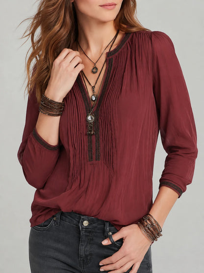 Vintage Contrast Trim Pleated Long Sleeve Henley Shirt