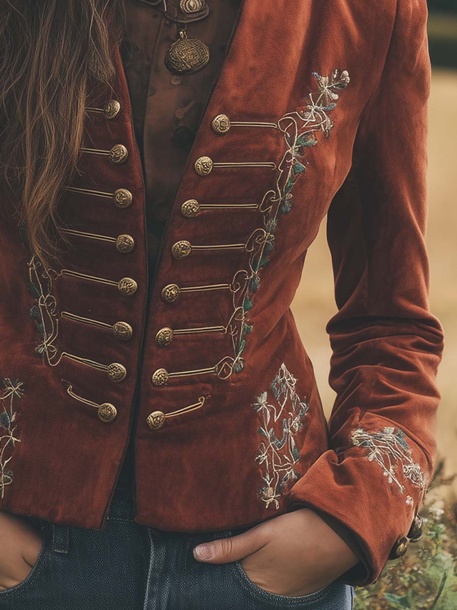 Burnt Red Baroque Embroidered Microsuede Officer Jacket