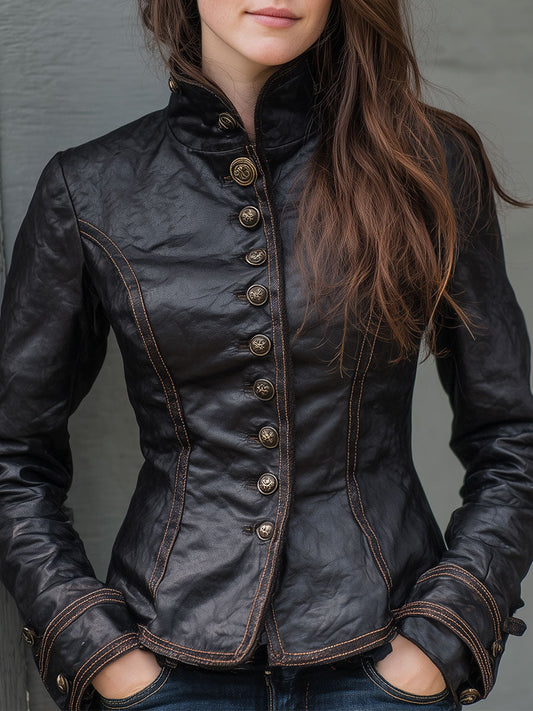 Retro Stand Collar Metal Button Pu Jacket