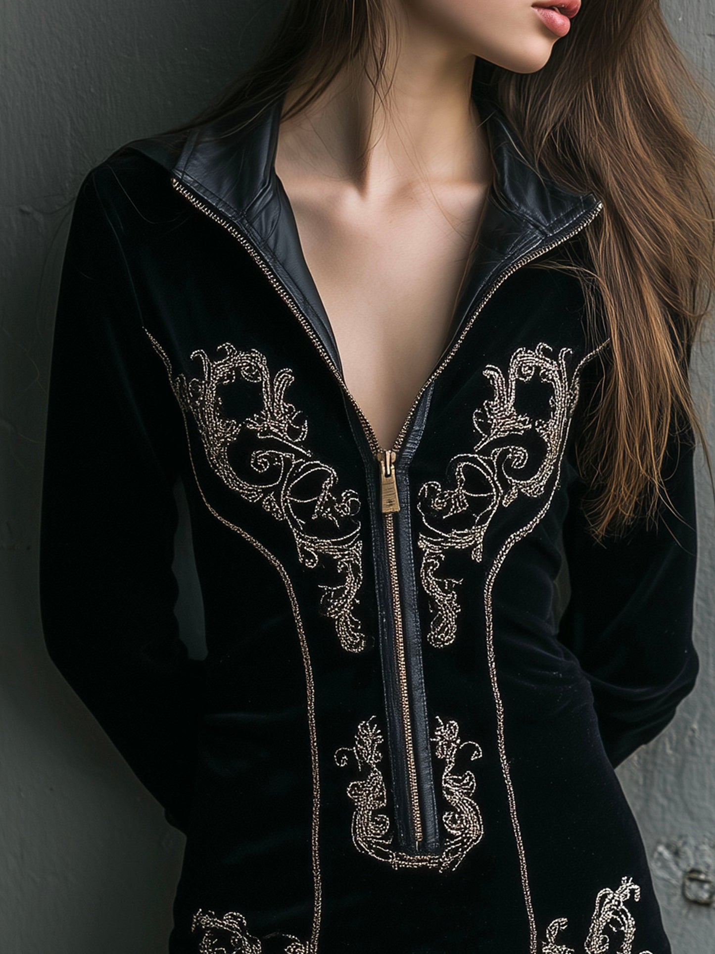 Vintage Black Velvet Embroidered Zip Dress With Eco Leather Collar