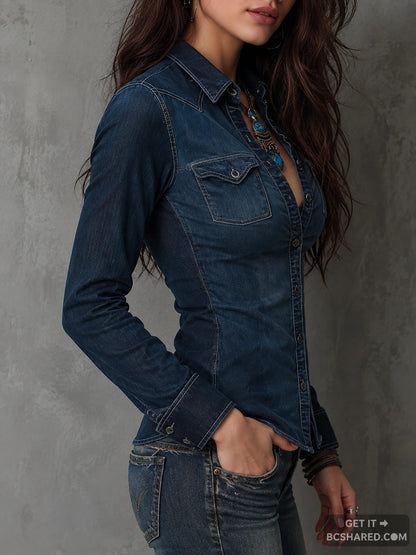 Retro Contrast Stitching Washed Long Sleeve Blouse