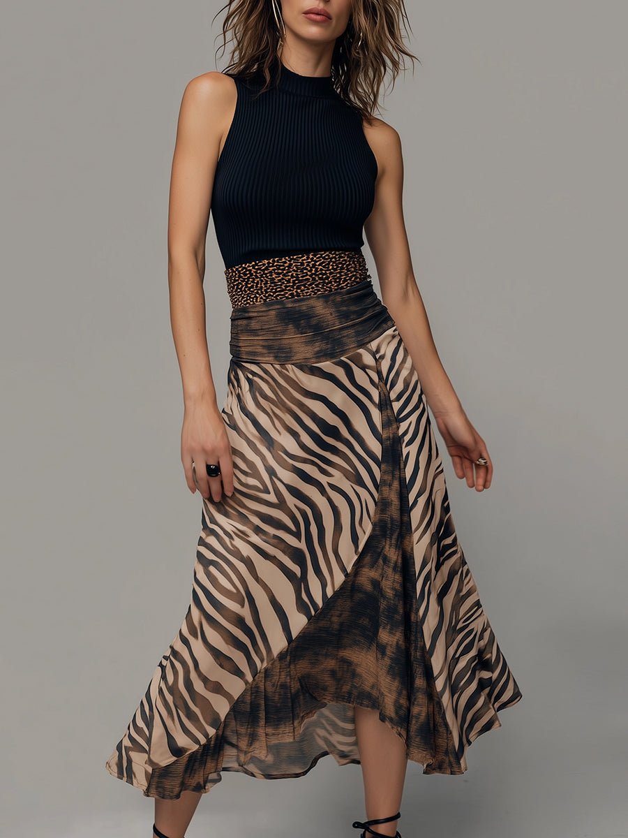Vintage Zebra Print Tie-dye Patchwork Sleeveless Midi Dress