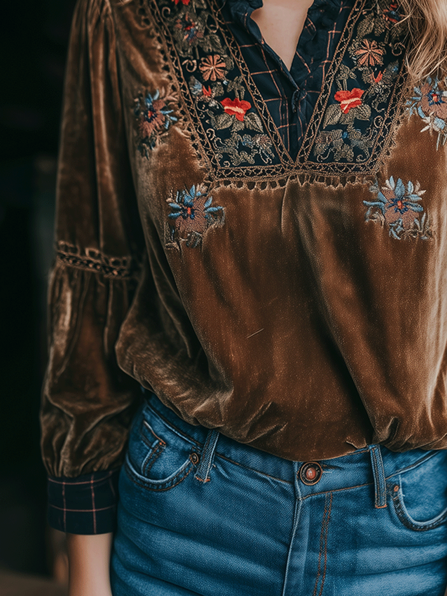 Bohe Brown V-Neck Velvet With Floral Embroidery And Lace Blouse