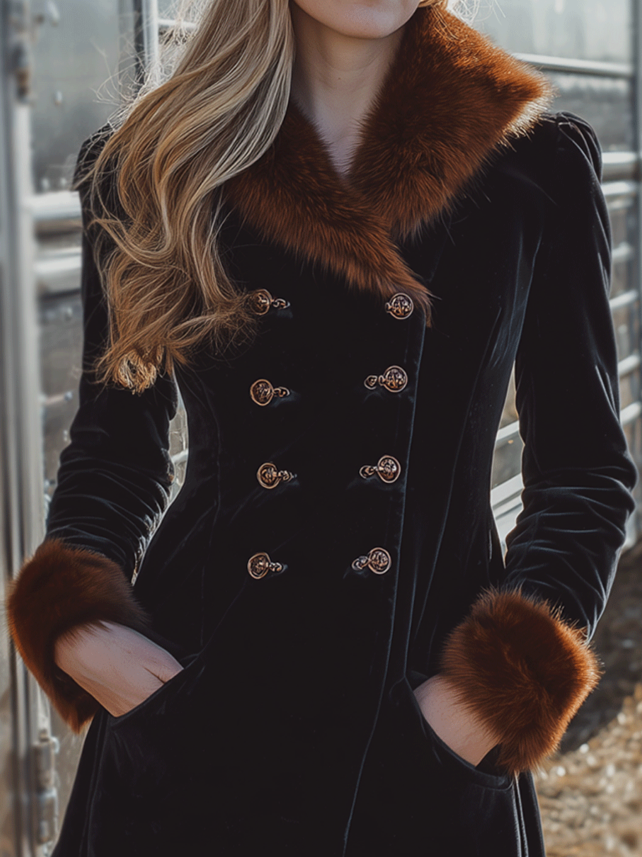 Vintage Black Velvet Double-Breasted Faux Fur Collar And Cuffs Coat