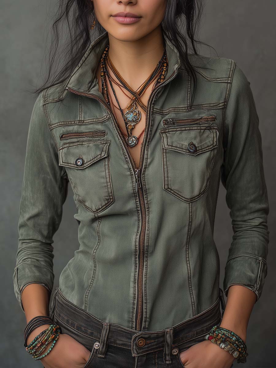 Retro Washed Contrast Zipper Denim Blouse