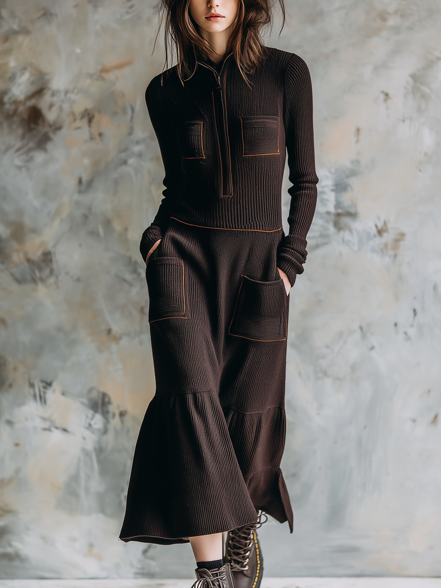 Retro Zipper Contrast Color Trim Pocket Wool Midi Dress