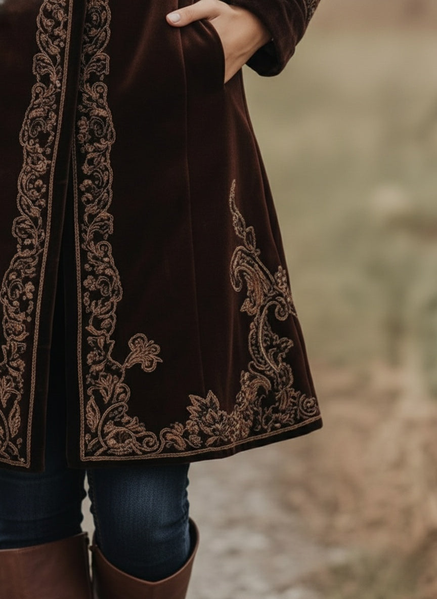 Rich Velvet Embroidered Long Coat